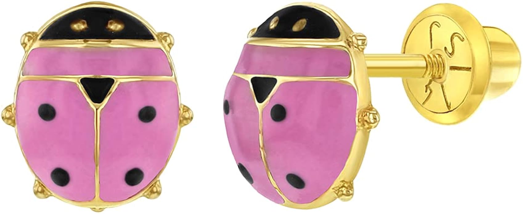 14k黄金珐琅瓢虫螺丝背耳环女孩儿童